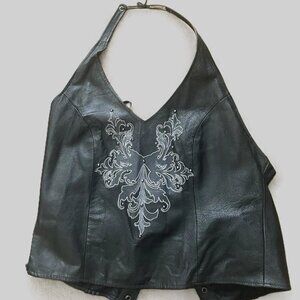 Black Leather Halter Top with Embroidered Detail